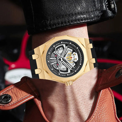 Relógio masculino clássico esqueleto punk, movimento de quartzo, pulseira de silicone, mostrador vazado, design de moda, à prova d'água, elegante, preto