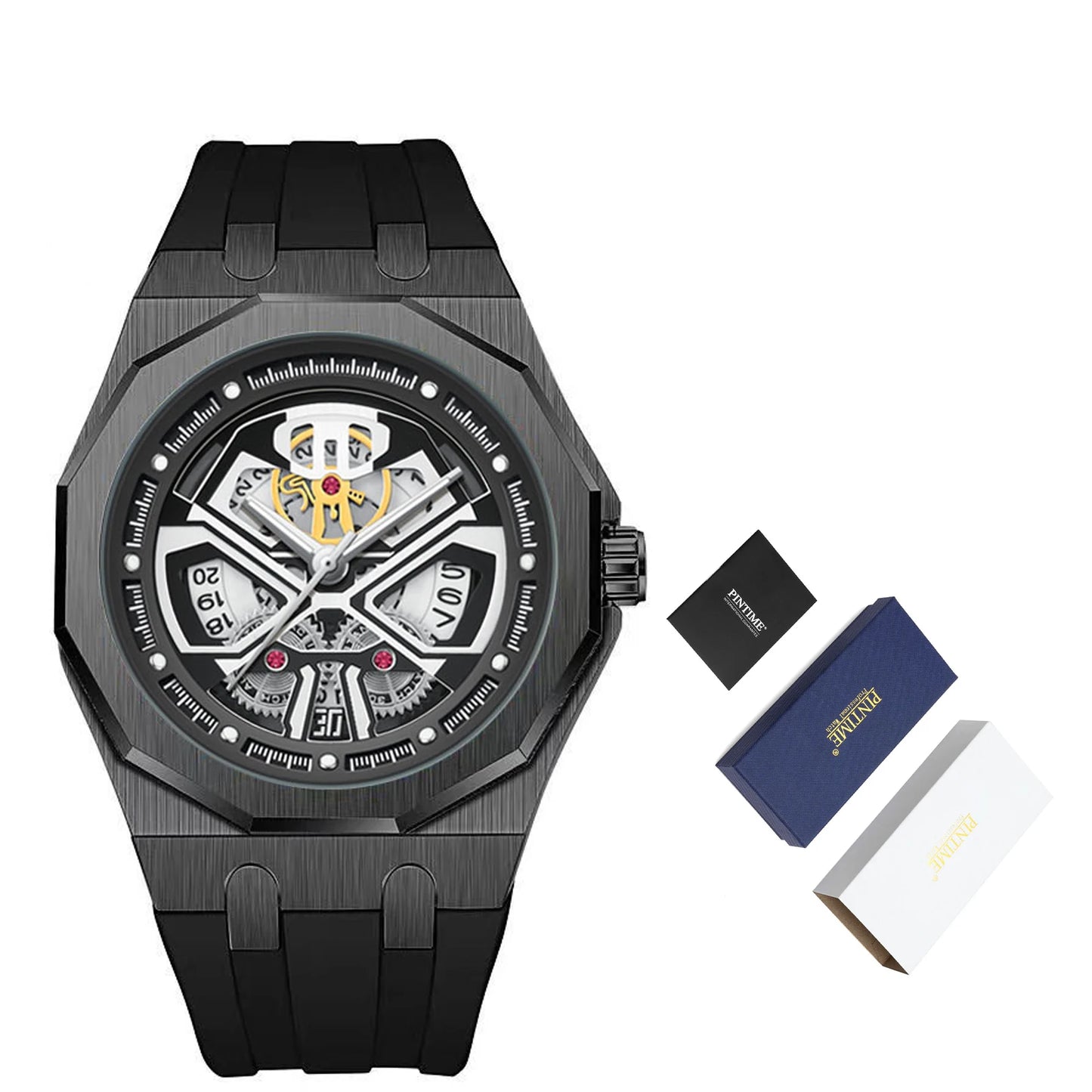 Relógio masculino clássico esqueleto punk, movimento de quartzo, pulseira de silicone, mostrador vazado, design de moda, à prova d'água, elegante, preto