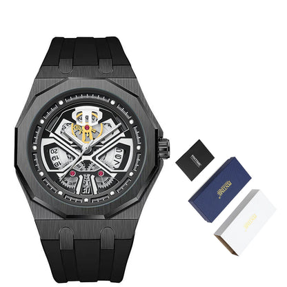Relógio masculino clássico esqueleto punk, movimento de quartzo, pulseira de silicone, mostrador vazado, design de moda, à prova d'água, elegante, preto