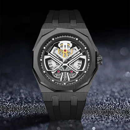 Relógio masculino clássico esqueleto punk, movimento de quartzo, pulseira de silicone, mostrador vazado, design de moda, à prova d'água, elegante, preto