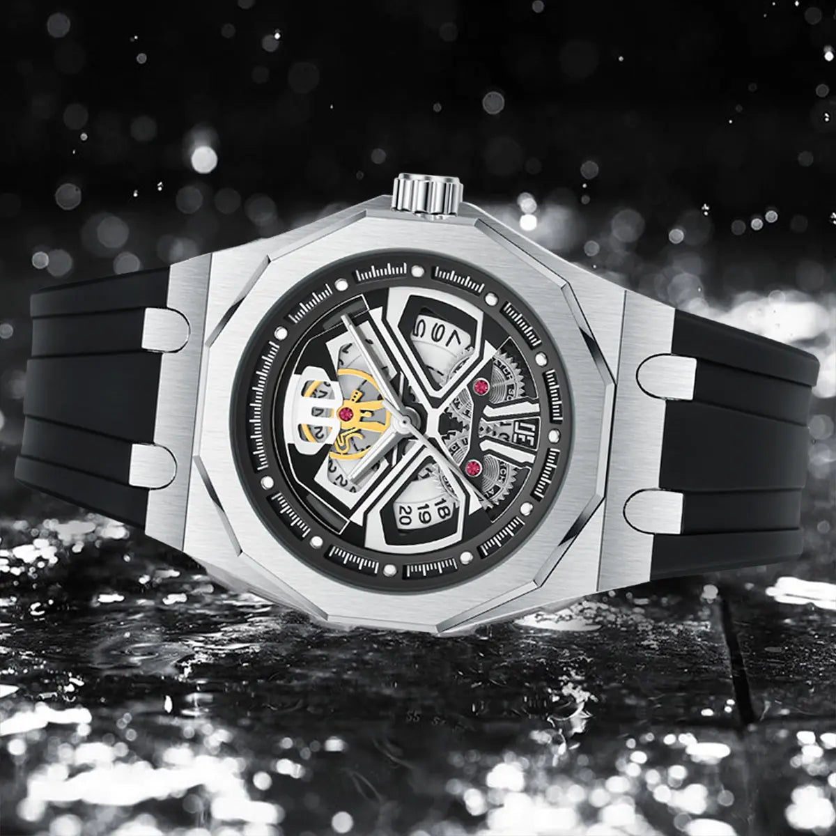 Relógio masculino clássico esqueleto punk, movimento de quartzo, pulseira de silicone, mostrador vazado, design de moda, à prova d'água, elegante, preto
