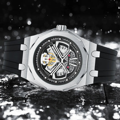 Relógio masculino clássico esqueleto punk, movimento de quartzo, pulseira de silicone, mostrador vazado, design de moda, à prova d'água, elegante, preto