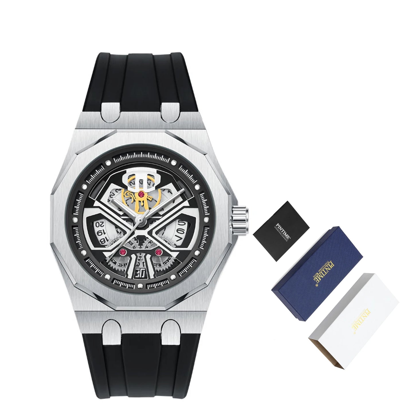 Relógio masculino clássico esqueleto punk, movimento de quartzo, pulseira de silicone, mostrador vazado, design de moda, à prova d'água, elegante, preto