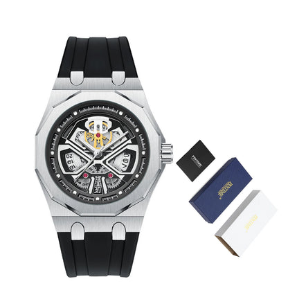 Relógio masculino clássico esqueleto punk, movimento de quartzo, pulseira de silicone, mostrador vazado, design de moda, à prova d'água, elegante, preto