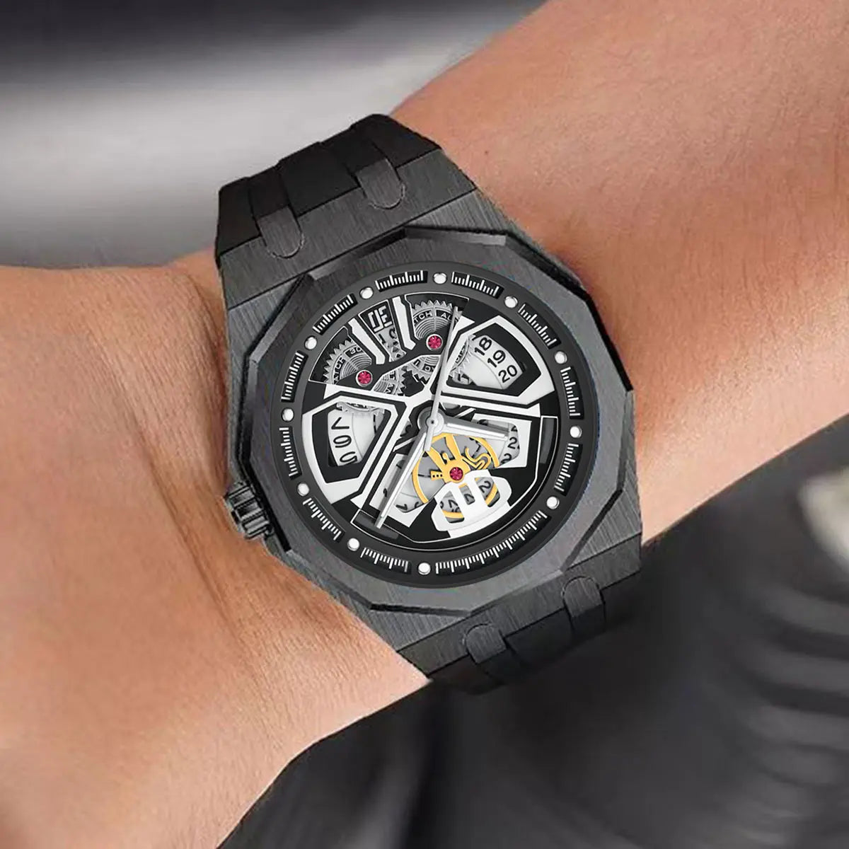 Relógio masculino clássico esqueleto punk, movimento de quartzo, pulseira de silicone, mostrador vazado, design de moda, à prova d'água, elegante, preto