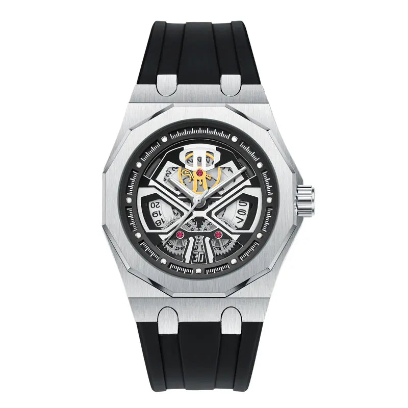 Relógio masculino clássico esqueleto punk, movimento de quartzo, pulseira de silicone, mostrador vazado, design de moda, à prova d'água, elegante, preto