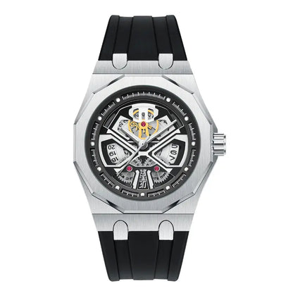 Relógio masculino clássico esqueleto punk, movimento de quartzo, pulseira de silicone, mostrador vazado, design de moda, à prova d'água, elegante, preto