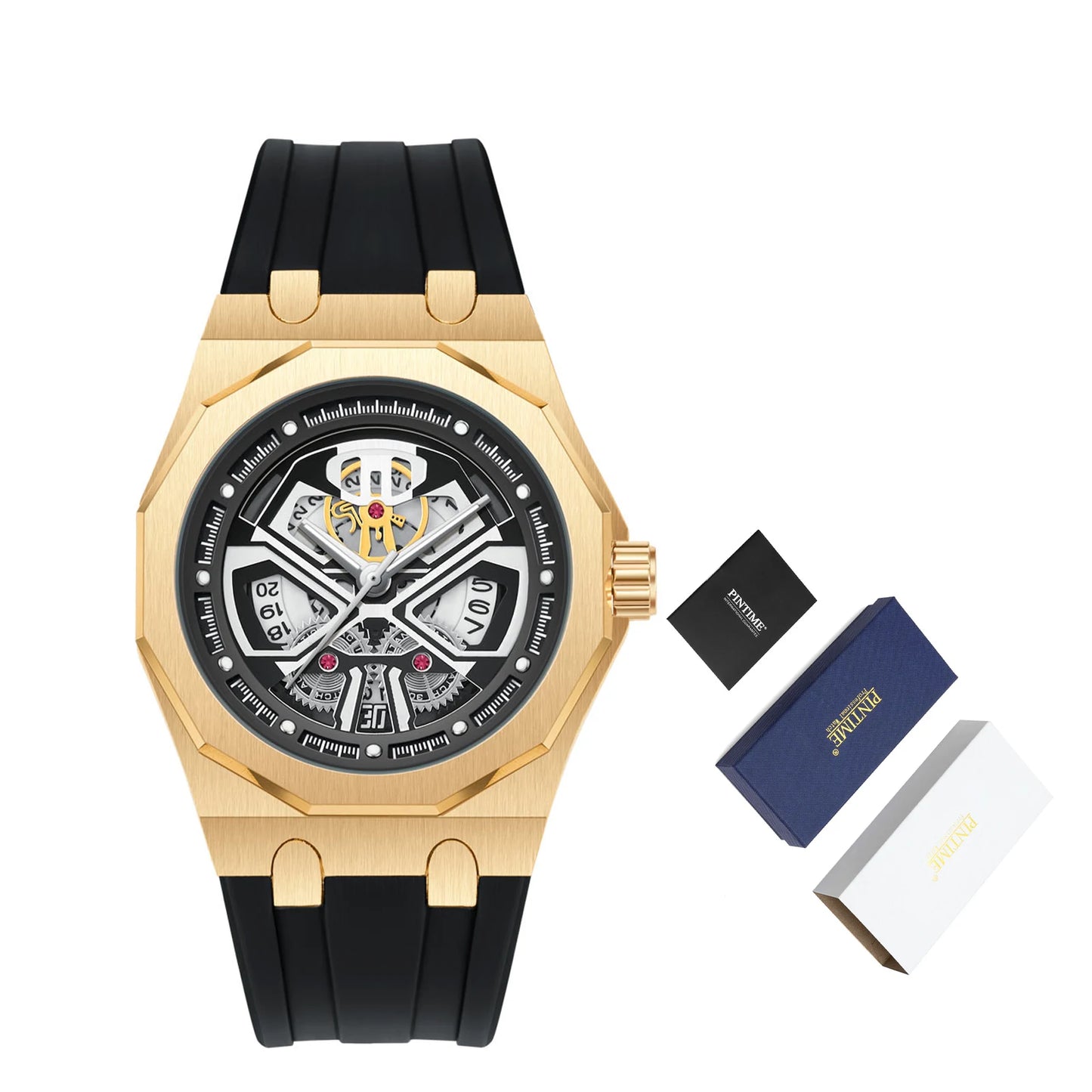 Relógio masculino clássico esqueleto punk, movimento de quartzo, pulseira de silicone, mostrador vazado, design de moda, à prova d'água, elegante, preto
