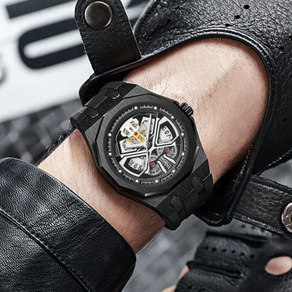 Relógio masculino clássico esqueleto punk, movimento de quartzo, pulseira de silicone, mostrador vazado, design de moda, à prova d'água, elegante, preto