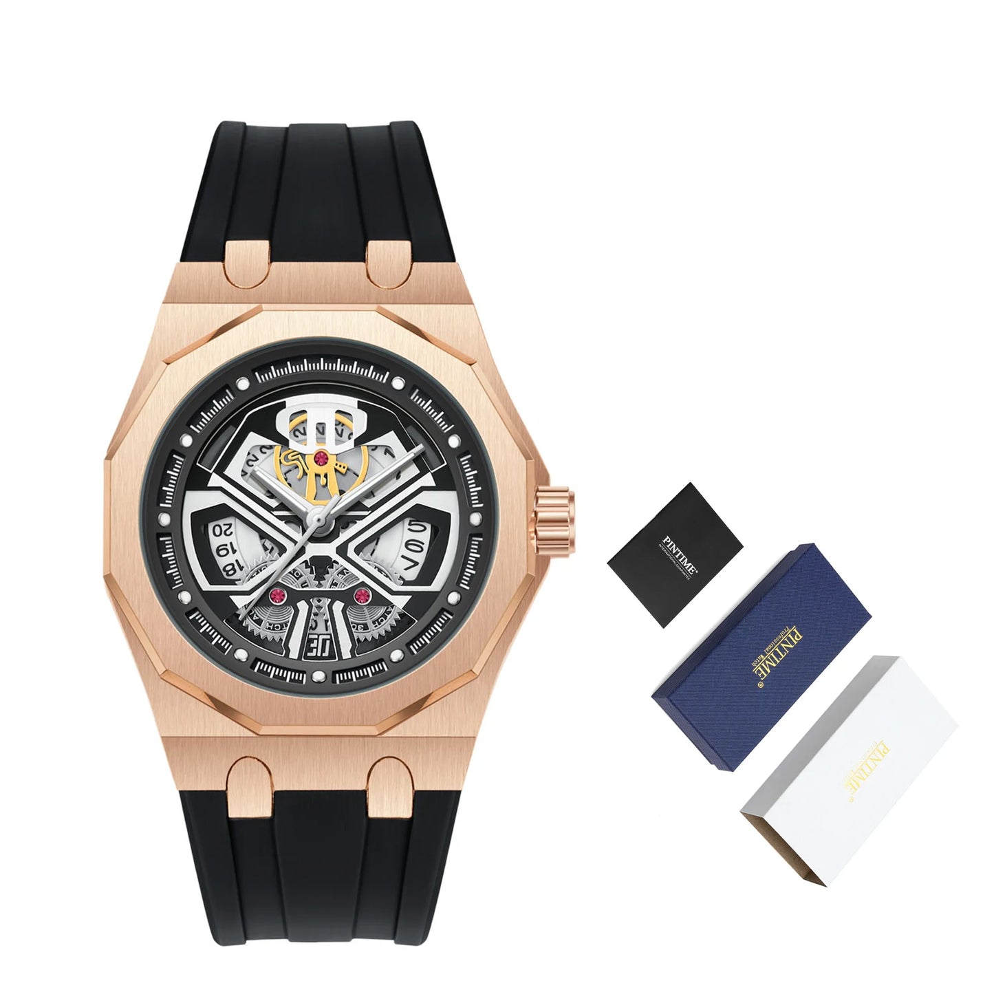 Relógio masculino clássico esqueleto punk, movimento de quartzo, pulseira de silicone, mostrador vazado, design de moda, à prova d'água, elegante, preto
