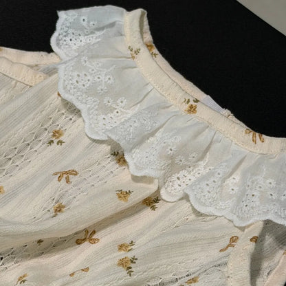 Vestido Romper Vintage de Pelúcia com Renda Floral (Somente o Vestido)